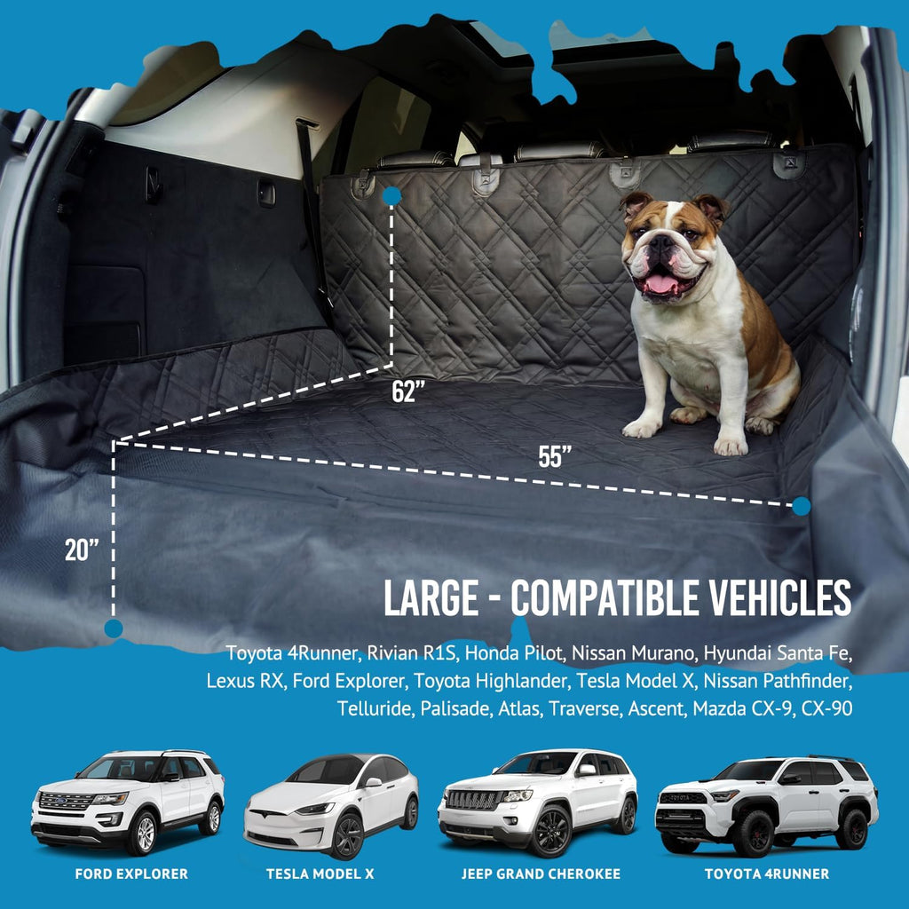 Bulldogology SUV Cargo Liner for Dogs - Heavy Duty Pet Trunk Cargo Cover - Dog Car Seat Cover Waterproof Nonslip Mat - Dog Hair, Muddy Paws, Scratches, Protector for Cars Vans Suvs (Large, Black)