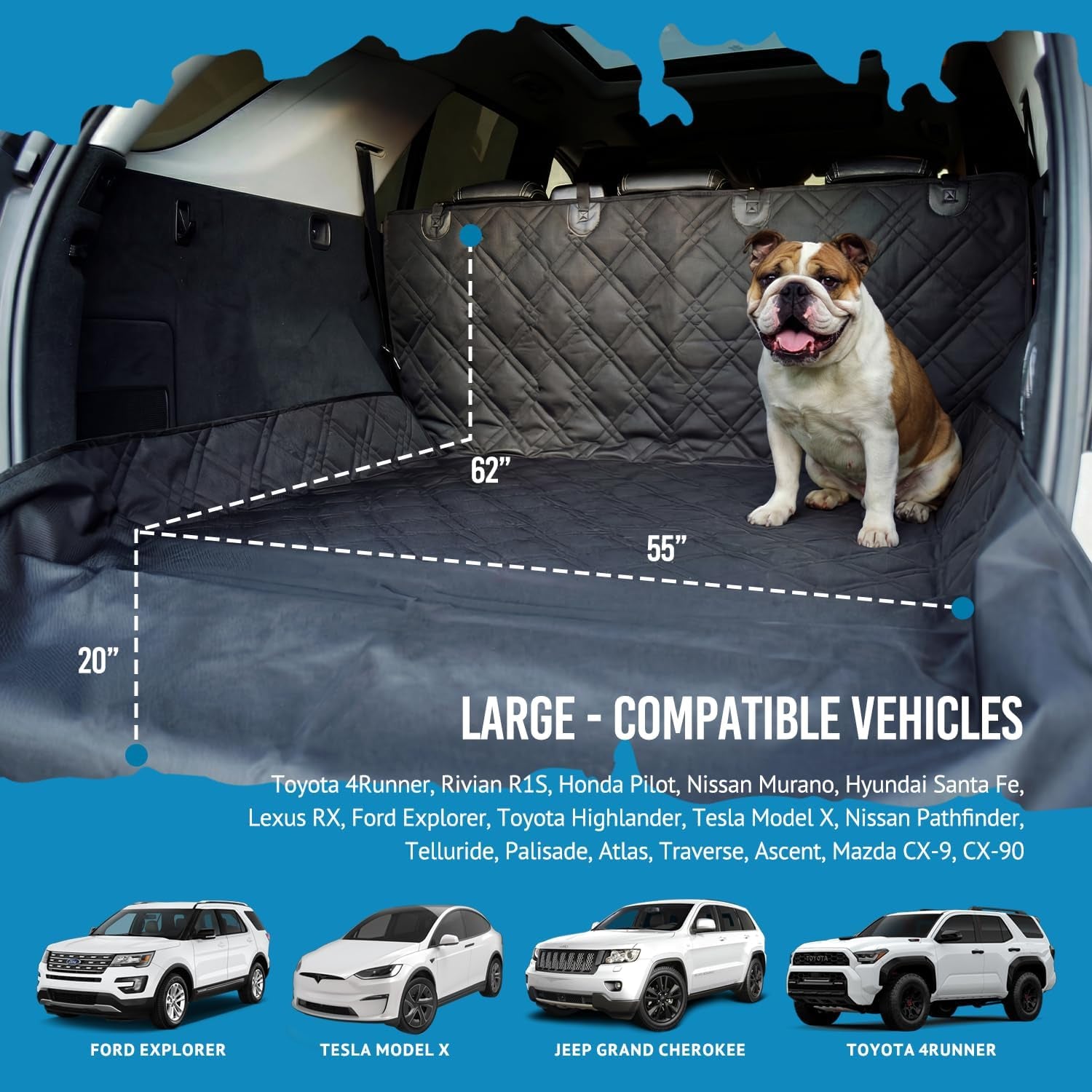 Bulldogology SUV Cargo Liner for Dogs - Heavy Duty Pet Trunk Cargo Cover - Dog Car Seat Cover Waterproof Nonslip Mat - Dog Hair, Muddy Paws, Scratches, Protector for Cars Vans Suvs (Large, Black)